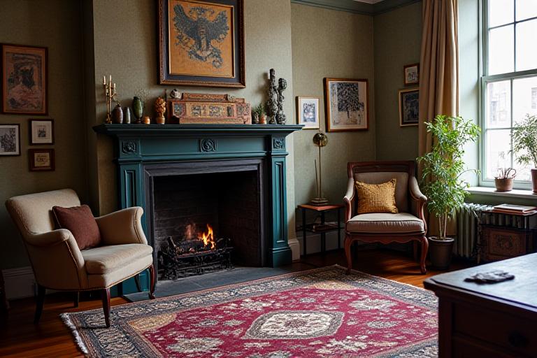 Classic Brooklyn brownstone living area with vintage rugs and restored mantel