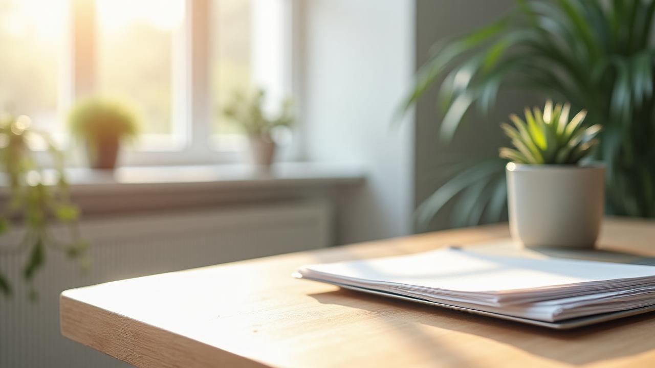 A clean, organized home office desk with legal documents and professional decor