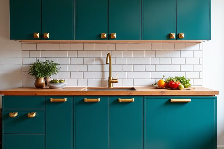 Bold kitchen with teal cabinets and natural wood accents