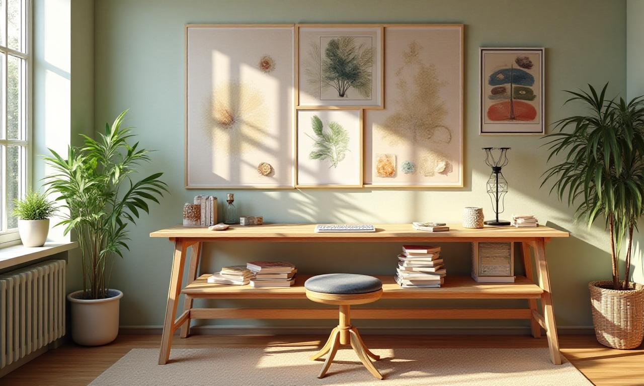 A bright, organized home workshop with mood boards and paint samples