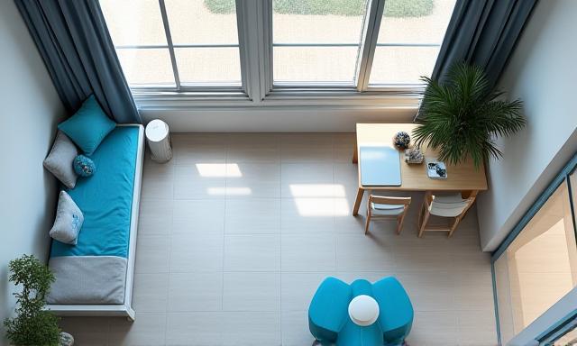 Overhead view of a small apartment floor plan with modular furniture