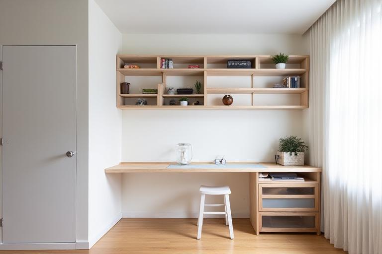 Compact New York studio with floor-to-ceiling shelving and light wood tones