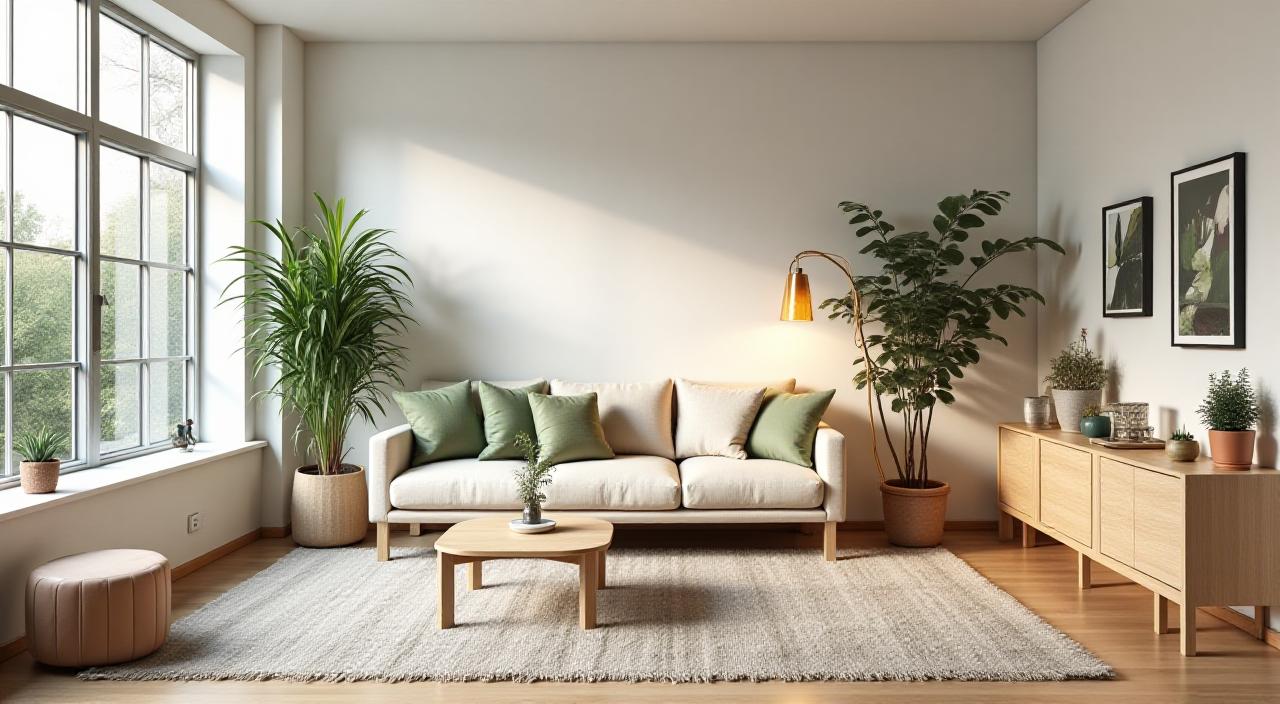 Warmly lit NYC studio living room transformation with neutral tones and sage accents