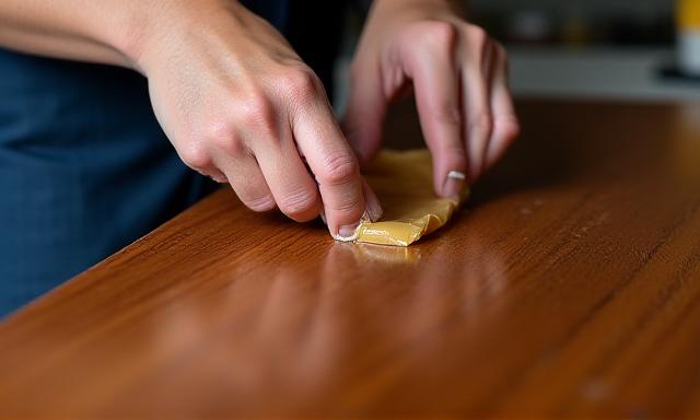 Close up of hands refinishing a vintage wooden cabinet